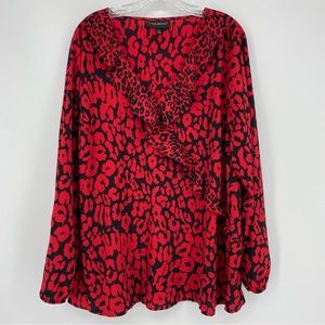 Lane Bryant Holiday Red & Black Animal Print  Ruffle V-Neck Top Size 22